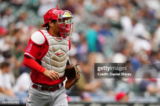 Kurt Suzuki of the Los Angeles Angels looks on during the game between the Los Angeles Angels and the Seattle Mariners at T-Mobile Park on Saturday,...