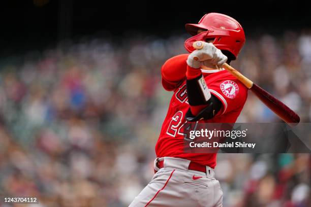 Kurt Suzuki of the Los Angeles Angels bats during the game between the Los Angeles Angels and the Seattle Mariners at T-Mobile Park on Saturday, June...