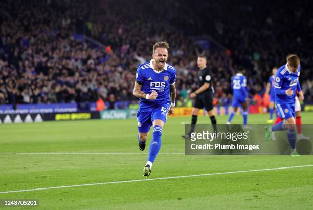 James Maddison of Leicester City celebrates after scoring to make it 1-0 during the Premier League match between Leicester City and Nottingham Forest...