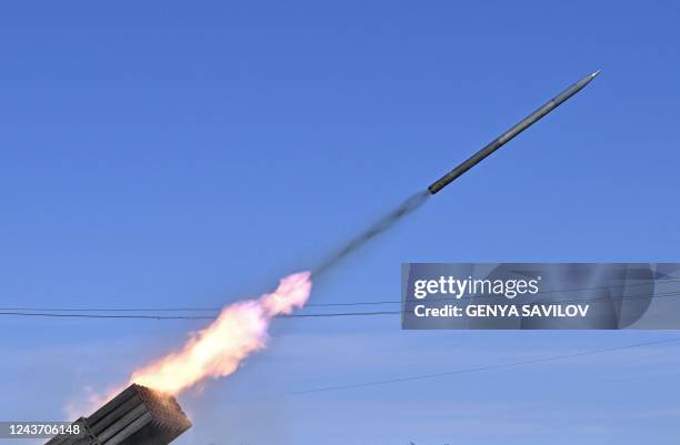 Ukrainian BM-21 'Grad' multiple rocket launcher fires a rocket towards Russian positions in an undisclosed location in the South of Ukraine on...