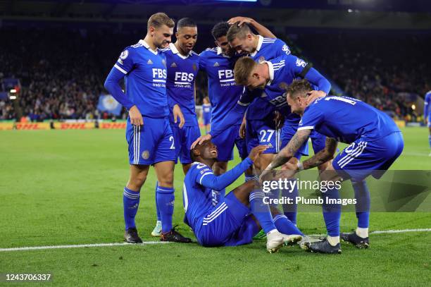 Patson Daka of Leicester City celebrates with his team mates after scoring to make it 4-0 during the Premier League match between Leicester City and...