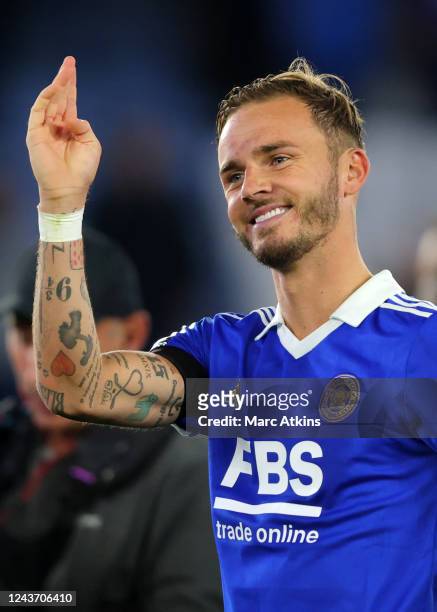 James Maddison of Leicester City celebrates during the Premier League match between Leicester City and Nottingham Forest at The King Power Stadium on...
