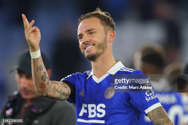 James Maddison of Leicester City celebrates during the Premier League match between Leicester City and Nottingham Forest at The King Power Stadium on...