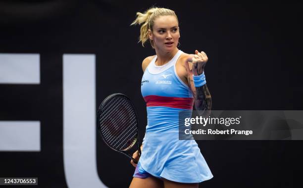 Tereza Martincova of the Czech Republic reacts during her match against Jil Teichmann of Switzerland during her first round match on Day 1 of the...