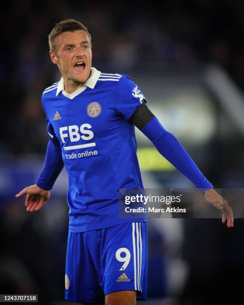 Jamie Vardy of Leicester City during the Premier League match between Leicester City and Nottingham Forest at The King Power Stadium on October 3,...