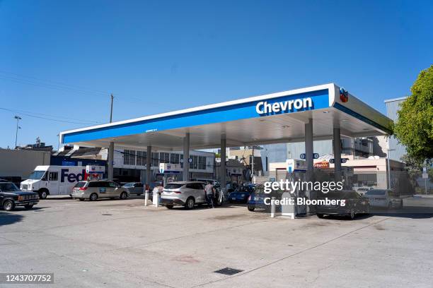 Customers refuel at a Chevron gas station in San Francisco, California, US, on Monday, Oct. 3, 2022. California Governor Gavin Newsom called for a...