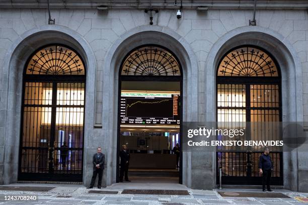 Picture of the facade of the stock market building in Sao Paulo, Brazil, on October 03, 2022. - Investors' optimism in Brazil drove the São Paulo...