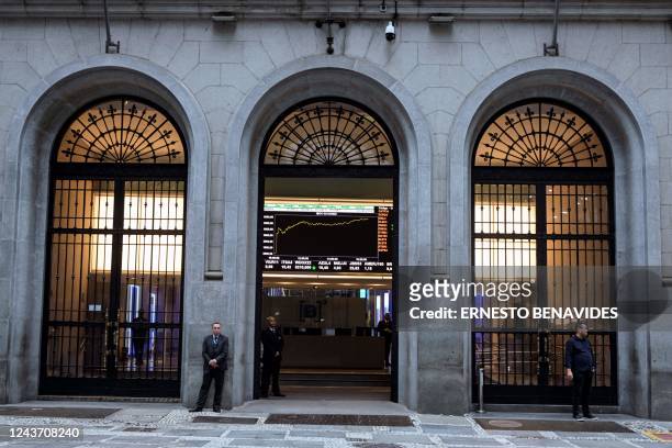 Picture of the facade of the stock market building in Sao Paulo, Brazil, on October 03, 2022. - Investors' optimism in Brazil drove the São Paulo...