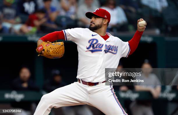 Martin Perez of the Texas Rangers pitches against the New York Yankees during the first inning at Globe Life Field on October 3, 2022 in Arlington,...