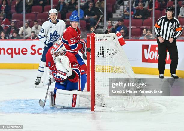 Goaltender Jake Allen of the Montreal Canadiens allows a goal during the first period against the Toronto Maple Leafs at Centre Bell on October 3,...