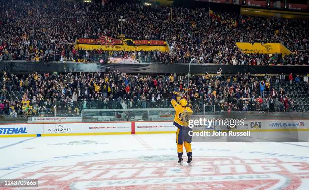 Roman Josi of the Nashville Predators is cheered by his hometown fans after a 4-3 win against SC Bern in the 2022 NHL Global Series Challenge...