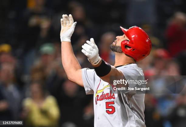 Albert Pujols of the St. Louis Cardinals celebrates his two-run home run during the sixth inning against the Pittsburgh Pirates at PNC Park on...