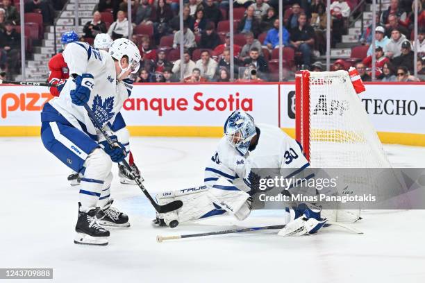 Goaltender Matt Murray of the Toronto Maple Leafs makes a pad save against the Montreal Canadiens during the second period in a preseason game on...