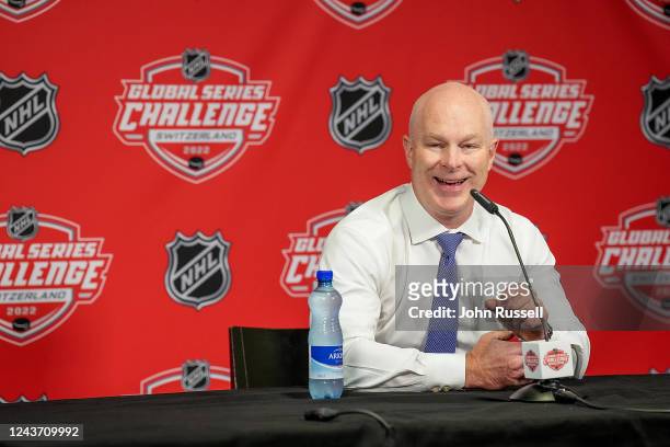 Head coach John Hynes of the Nashville Predators talks with media after a 4-3 win against SC Bern in the 2022 NHL Global Series Challenge...