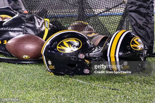 Missouri helmets and balls sit next to the kicking net during a SEC conference game between Georgia Bulldogs and Missouri held on Saturday OCT 01,...