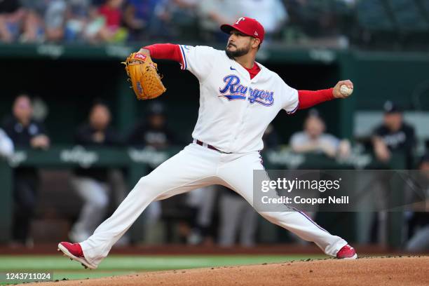 Martín Pérez of the Texas Rangers pitches in the first inning during the game between the New York Yankees and the Texas Rangers at Globe Life Field...