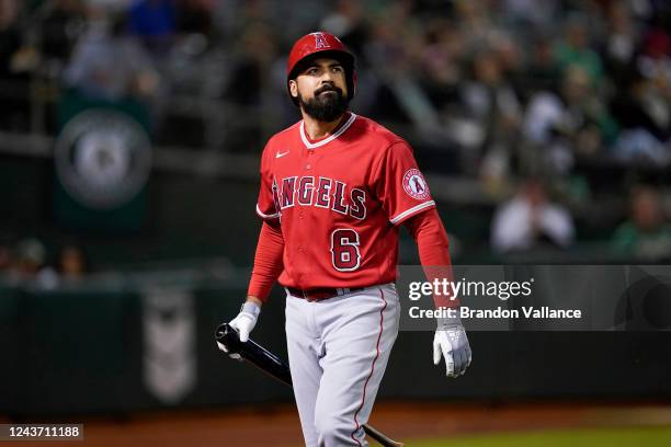 Anthony Rendon of the Los Angeles Angels walks to the dug out after striking out in the first inning against the Oakland Athletics at RingCentral...