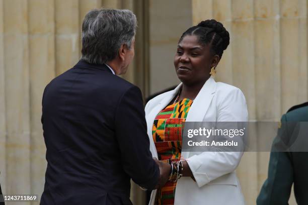 Secretary of State, Antony Blinken is welcomed by Colombian Vice President Francia Marquez upon his arrival for a meeting with Colombian President...