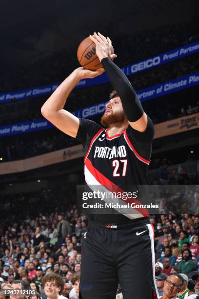 Jusuf Nurkic of the Portland Trail Blazers shoots a three point basket against the LA Clippers during a preseason game on October 3, 2022 at the...