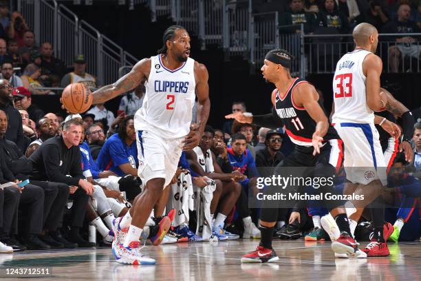 Josh Hart of the Portland Trail Blazers plays defense on Kawhi Leonard of the LA Clippers during a preseason game on October 3, 2022 at the Climate...