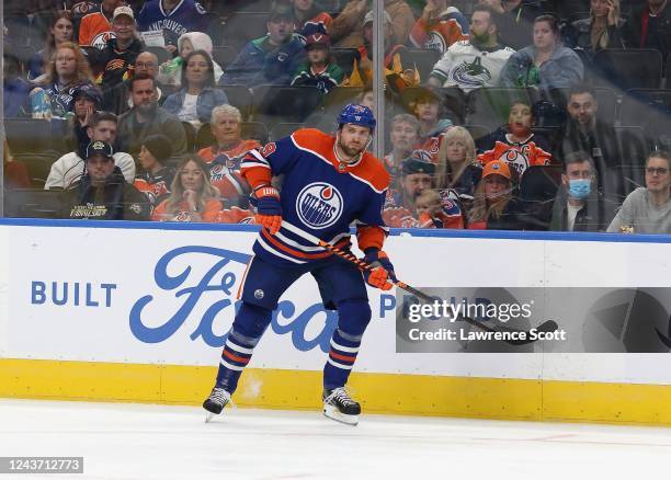 Leon Draisaitl of Edmonton Oilers skates on a power play against the Vancouver Canucks on October 3, 2022 at Rogers Place in Edmonton, Alberta,...