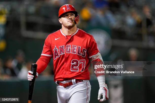 Mike Trout of the Los Angeles Angels walks back to dug out after a pop fly out in the fifth inning against the Oakland Athletics at RingCentral...