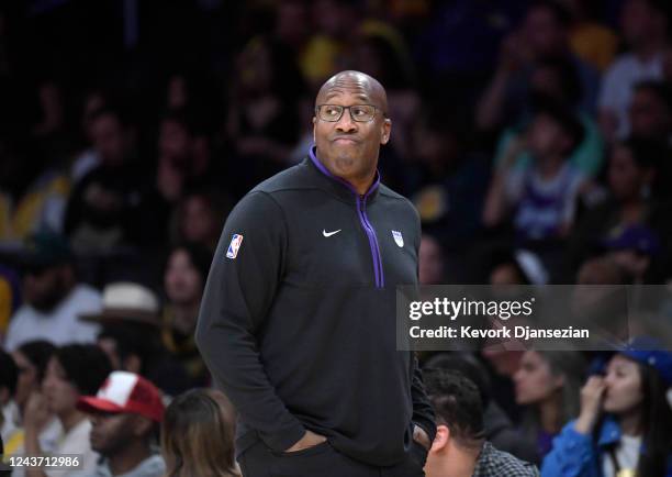 Head coach Mike Brown of the Sacramento Kings looks on during the first half against Sacramento Kings at Crypto.com Arena on October 3, 2022 in Los...