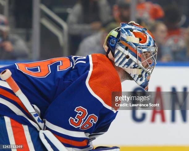 Jack Campbell of the Edmonton Oilers tends net against the Vancouver Canucks on October 3, 2022 at Rogers Place in Edmonton, Alberta, Canada.