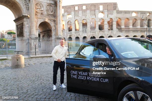 European Ryder Cup Captain, Luke Donald arrives during the 2023 Ryder Cup Year to Go Celebration at the Temple of Venus & Colosseum on October 04,...