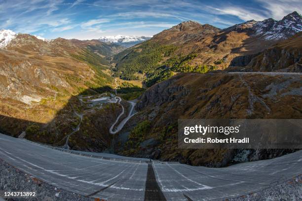 General view of the Grande Dixence dam on October 3, 2022 near Heremence, Switzerland. The dam, which at 285 meters is the tallest in Europe,...