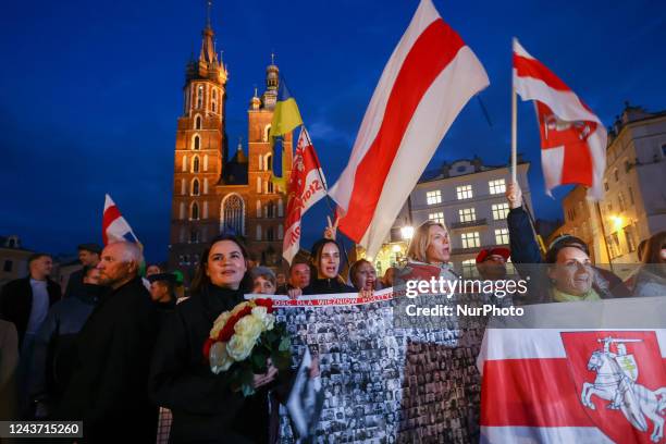 Sviatlana Tsikhanouskaya, a leader of the democratic opposition of Belarus, attends a demonstration of solidarity with Belarus at the Main Square in...