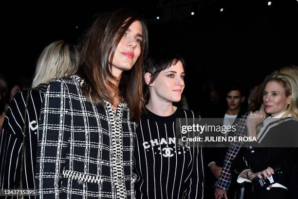 Actress Kristen Stewart and Charlotte Casiraghi arrive arrives at the Chanel Spring-Summer 2023 fashion show as part of the Paris Womenswear Fashion...