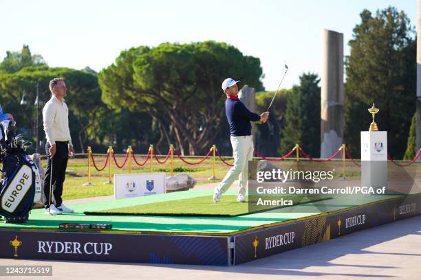 United States Ryder Cup Captain, Zach Johnson hits his shot during the 2023 Ryder Cup Year to Go Celebration at the Temple of Venus & Colosseum on...