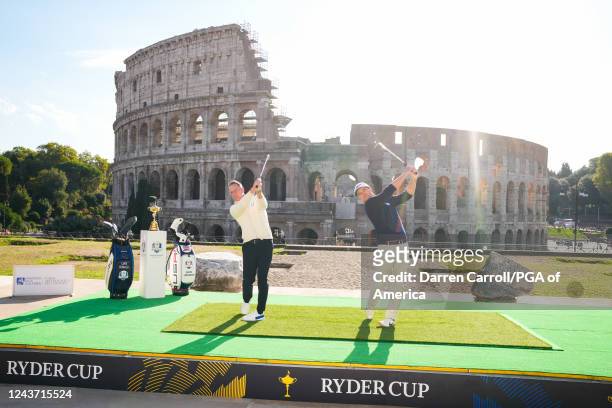 European Ryder Cup Captain, Luke Donald and 2023 United States Ryder Cup Captain, Zach Johnson hit their shots during the 2023 Ryder Cup Year to Go...