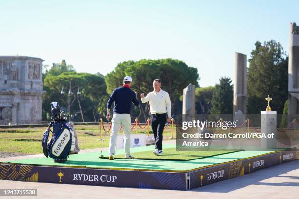 United States Ryder Cup Captain, Zach Johnson fist bumps 2023 European Ryder Cup Captain, Luke Donald during the 2023 Ryder Cup Year to Go...
