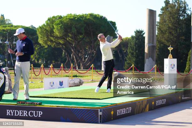 European Ryder Cup Captain, Luke Donald hits his shot during the 2023 Ryder Cup Year to Go Celebration at the Temple of Venus & Colosseum on October...