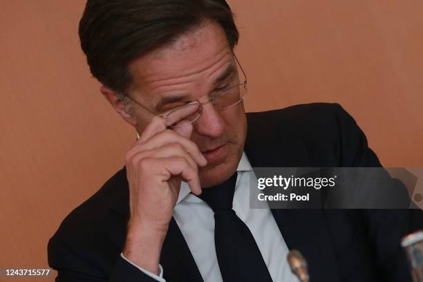 Prime Minister of the Netherlands Mark Rutte attends the German-Dutch climate cabinet at the Chancellery on October 4, 2022 in Berlin, Germany. The...