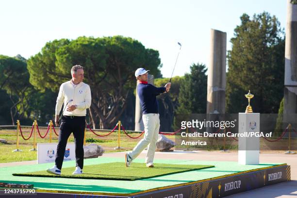 United States Ryder Cup Captain, Zach Johnson hits his shot during the 2023 Ryder Cup Year to Go Celebration at the Temple of Venus & Colosseum on...
