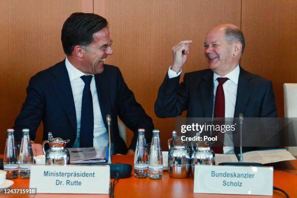 Prime Minister of the Netherlands Mark Rutte and German Chancellor Olaf Scholz attend the German-Dutch climate cabinet at the Chancellery on October...