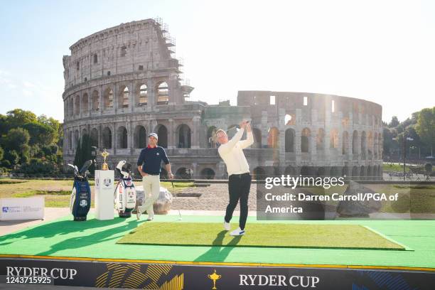 European Ryder Cup Captain, Luke Donald hits his shot during the 2023 Ryder Cup Year to Go Celebration at the Temple of Venus & Colosseum on October...