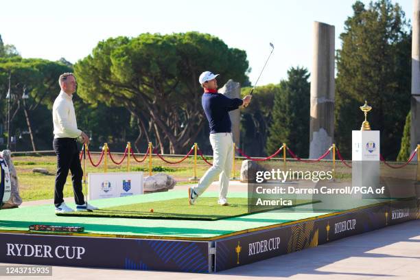 United States Ryder Cup Captain, Zach Johnson hits his shot during the 2023 Ryder Cup Year to Go Celebration at the Temple of Venus & Colosseum on...