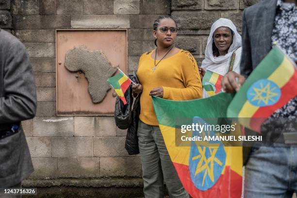 People gather during a protest at the Headquarters of African Union in Addis Ababa, Ethiopia, on October 04, 2022. - Tigrayan residents in Addis...