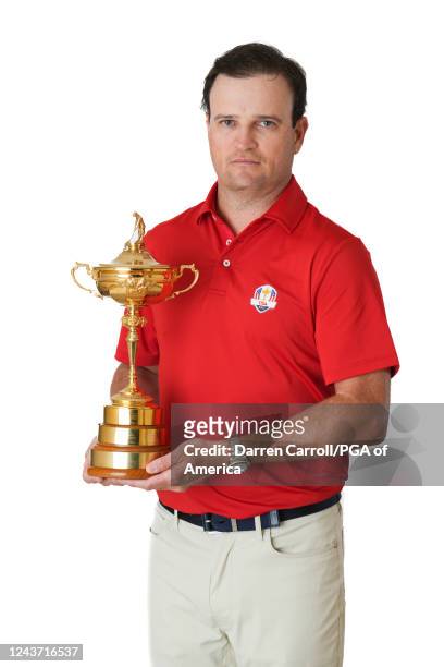 United States Ryder Cup Captain, Zach Johnson poses with the Ryder Cup trophy during the 2023 Ryder Cup Year to Go Celebration at the Rome Cavalieri...