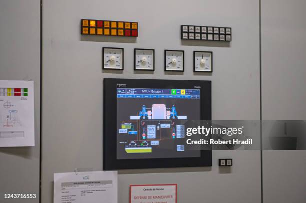 General view of control panels of the turbine at the Bieudron Hydroelectric Power Station on October 3, 2022 near Heremence, Switzerland. Turbines...