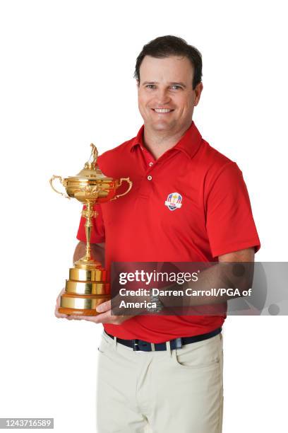 United States Ryder Cup Captain, Zach Johnson poses with the Ryder Cup trophy during the 2023 Ryder Cup Year to Go Celebration at the Rome Cavalieri...