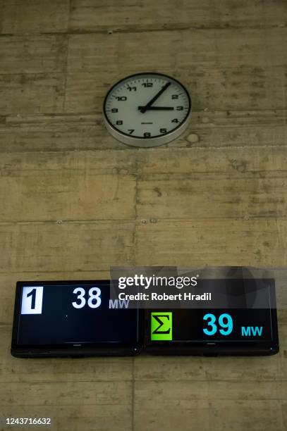 Display show the current electricity production at Bieudron Hydroelectric Power Station on October 3, 2022 near Heremence, Switzerland. Turbines for...