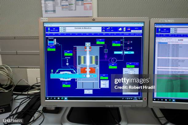 Monitor shows the current state of the turbine on October 3, 2022 near Heremence, Switzerland. Turbines for generating electricity stand in the 1,269...