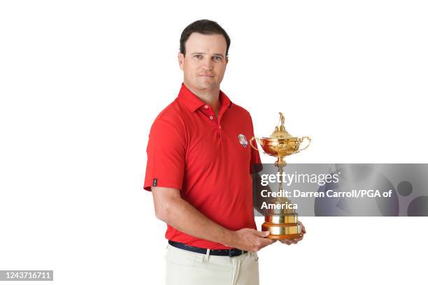 United States Ryder Cup Captain, Zach Johnson poses with the Ryder Cup trophy during the 2023 Ryder Cup Year to Go Celebration at the Rome Cavalieri...