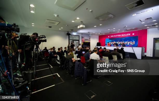 General view of the press room during a RasenBallsport Leipzig Press Conference at the RB - Training Centre Cottaweg, on October 04 in Leipzig,...