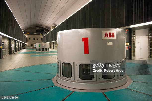 View of turbines control room at Bieudron Hydroelectric Power Station on October 3, 2022 near Heremence, Switzerland. Turbines for generating...